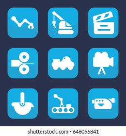 Production icon. set of 9 filled production icons such as crane, movie clapper, camera, conveyor and robot arm, robot, paper press