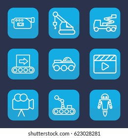 Production icon. set of 9 outline production icons such as crane, movie clapper, camera, conveyor, conveyor and robot arm