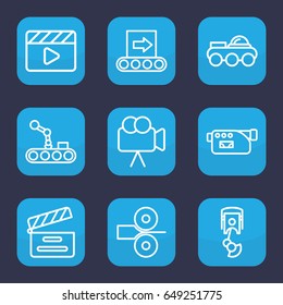 Production icon. set of 9 outline production icons such as movie clapper, camera, robot arm, conveyor, conveyor and robot arm, robot