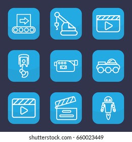 Production icon. set of 9 outline production icons such as crane, movie clapper, camera, robot arm, conveyor, robot