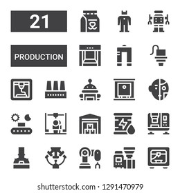 production icon set. Collection of 21 filled production icons included d printer, Machine, Robot arm, Brewery, Press machine, Oil, Warehouse, Conveyor, Robot, Production, Factory
