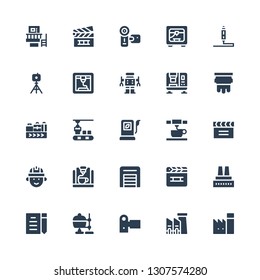 production icon set. Collection of 25 filled production icons included Factory, Camcorder, Crucible, Draft, Clapperboard, Warehouse, 3d printer, Engineering, 3d printing, Fuel, Conveyor