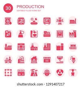 production icon set. Collection of 30 filled production icons included Oil, d printer, Conveyor, Robot, Fuel, Factory, Production, Warehouse, Clapperboard, d print, Allocation