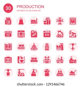 production icon set. Collection of 30 filled production icons included Milk, Nuclear plant, Factory, Robot, Clapperboard, Conveyor, Fuel, Robot arm, d printer, Warehouse, Machine