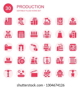 production icon set. Collection of 30 filled production icons included Factory, Filament, Milk, Robot arm, d printer, Robot, Warehouse, Machine, Nuclear plant, Camcorder, Metal