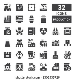 production icon set. Collection of 32 filled production icons included Oil, Factory, Conveyor, Robot arm, d printer, Warehouse, Robot, Brewery, Gas, Machine, Clapperboard, Conveyor belt