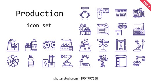 Production Icon Set. Line Icon Style. Production Related Icons Such As Conveyor, Factory, Turbine, Oils, Industry Tank, Wind Turbine, Gas, Video Camera, Industry, Camcorder, Clapperboard, Industrial 