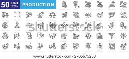Production icon set outline containing planning, manufacturing process, assembly line, quality control, raw material, finished goods, capacity, continuous, efficiency, workflow optimization, schedule