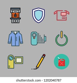 production icon set. vector set about video camera icon, camcorder, package and oil icons set.