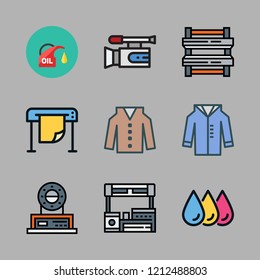 production icon set. vector set about printing, coat, oil and industrial robot icons set.