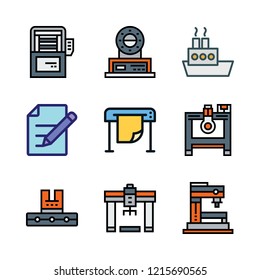 production icon set. vector set about industrial robot, edit, printing and oil platform icons set.