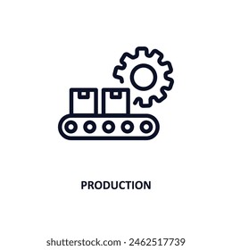 icono de producción. Ícono de producción de línea delgada de la colección de negocios y análisis. Vector de contorno aislado sobre fondo blanco. Símbolo de producción editable se puede utilizar en Web y móvil