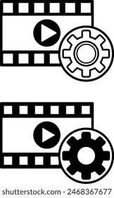Production icons. Black and White Vector Icons of Film Strip, Play Button, and Gears. Concept of Film Industry, Filmmaking and Video Production