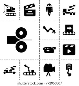 Production icons. set of 13 editable filled production icons such as crane, robot arm, movie clapper, camera, conveyor, conveyor and robot arm, robot