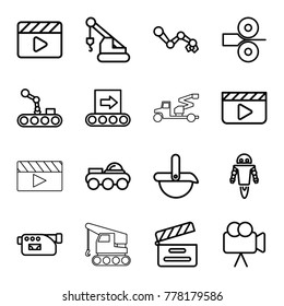 Production icons. set of 16 editable outline production icons such as crane, clapper board, robot arm, movie clapper, camera, conveyor, conveyor and robot arm, robot