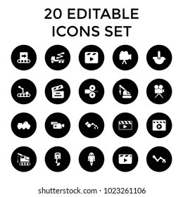 Production icons. set of 20 editable filled production icons such as crane, clapper board, robot arm, movie clapper, camera. best quality production elements in trendy style.