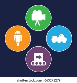 Production icons set. set of 4 production filled icons such as camera, conveyor