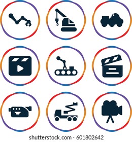 production icons set. Set of 9 production filled icons such as crane, movie clapper, camera, conveyor and robot arm, robot