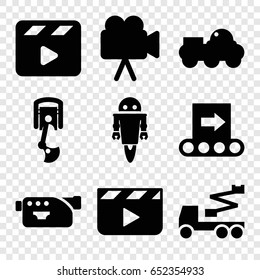 Production icons set. set of 9 production filled icons such as crane, movie clapper, camera, robot arm, conveyor, robot