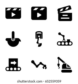 Production icons set. set of 9 production filled icons such as crane, movie clapper, robot arm, conveyor, conveyor and robot arm, robot