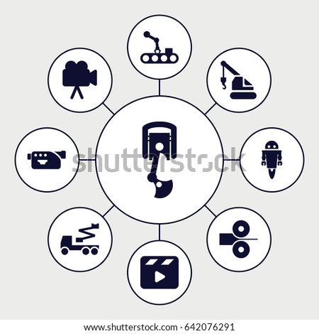 Production icons set. set of 9 production filled icons such as crane, movie clapper, camera, robot arm, conveyor and robot arm, robot
