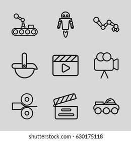 Production icons set. set of 9 production outline icons such as movie clapper, camera, conveyor and robot arm, robot, paper press