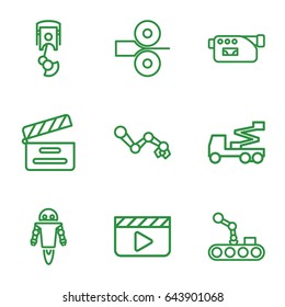 Production icons set. set of 9 production outline icons such as crane, movie clapper, camera, robot arm, conveyor and robot arm, robot, paper press