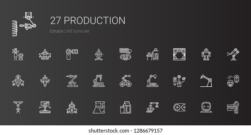 production icons set. Collection of production with conveyor, industrial robot, milk, fuel, robot, stage, camcorder, gas. Editable and scalable production icons.