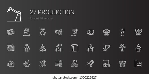 production icons set. Collection of production with factory, industrial robot, robot, camcorder, video camera, industry tank, conveyor. Editable and scalable production icons.
