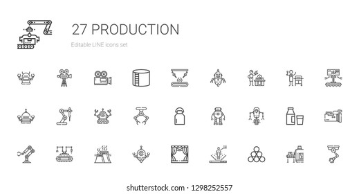 production icons set. Collection of production with industry, robot, stage, industrial robot, milk, gas, conveyor, video camera, industry tank. Editable and scalable production icons.