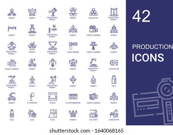 production icons set. Collection of production with robot, industrial robot, industry, video camera, camcorder, conveyor, milk, d printer. Editable and scalable production icons.