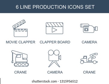 production icons. Trendy 6 production icons. Contain icons such as movie clapper, clapper board, camera, crane. production icon for web and mobile.
