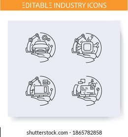 Production industries line icons set.Including electronics, hardware, sofware, and automechanics.Modern technologies. Production branches concept.Isolated vector illustrations.Editable stroke