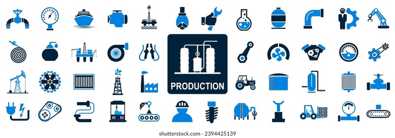 Production industry factory icons set, plant, chemical manufacturing, automated industrial machines, automation, optimization of manufacturing and production processes - stock vector