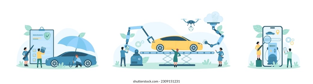 Production, insurance policy and car refueling set vector illustration. Cartoon tiny people check gas station with magnifying glass and mobile app in phone, assembly automobile on factory conveyor