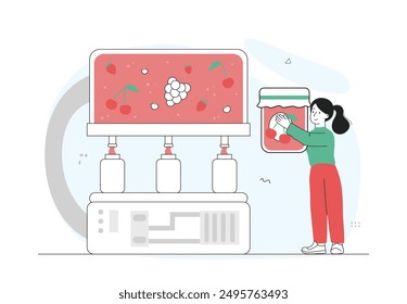 Production of jam. Woman at factory producing canned fruits and berries. Young girl with dessert and delicacy. Conveyor belt with jam. Linear vector illustration isolated on white background