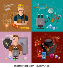 Production of jewelry,  jeweler at work ,jewels earrings rings gems vector 