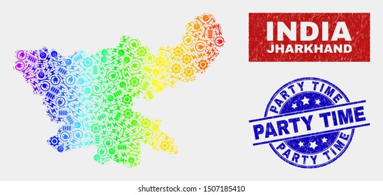 Production Jharkhand State map and blue Party Time scratched seal stamp. Spectrum gradiented vector Jharkhand State map mosaic of industrial. Blue round Party Time seal.