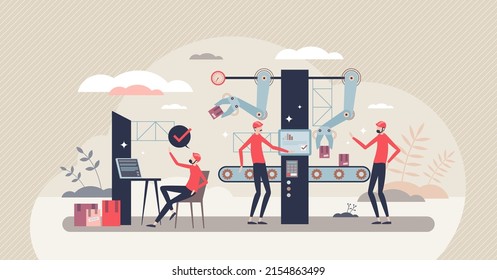 Production line with assembly arm and digital conveyer tiny person concept. Machine packaging and manufacturing process with industrial equipment and employees for quality control vector illustration.