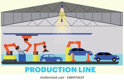 Production Line Car Vector Automatic Assembly Line Vector Flat Design