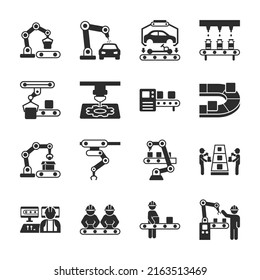 Production line, factory icons set. Robotics, Hydraulic robot. industrial work. Conveyor belt. Monochrome black and white icon.