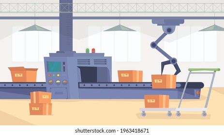 Production line at factory interior, banner in flat cartoon design. Conveyor automatic assembly line with cardboard boxes and robotic hand. Industrial innovation. Vector illustration of web background