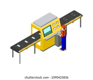 Production line of factory, operator of conveyor controlling working process, wearing uniform and helmet, technics isolated on vector illustration