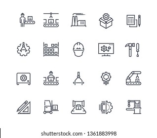 Production line icons. Industry machine production, factory conveyor line, automatic robot manipulator. Industrial vector pictograms template concept engineering set
