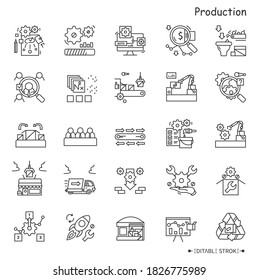 Production line icons set. Industry icons. Production processes. Drafting, packing, shipping, trading, recycling and more. Stages and elements of a successful production cycle. Editable stroke