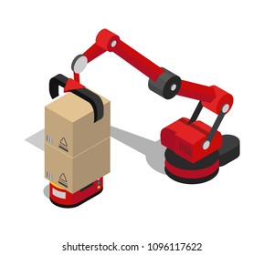 Production line image abstract vector illustration with isolated on white background red robots, technical decisions for automation purposes on plant