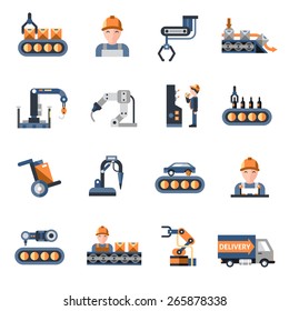 Production Line Industrial Factory Manufacturing Process Icons Set Isolated Vector Illustration