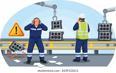 Production line malfunction causes potential damage to engine parts during automated manufacturing process in industrial factory cartoon isometric