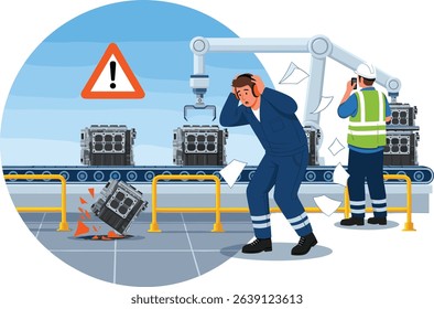 Production line malfunction causes potential damage to engine parts during automated manufacturing process in industrial factory cartoon isometric