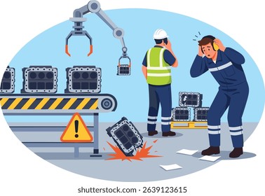 Production line malfunction causes potential damage to engine parts during automated manufacturing process in industrial factory cartoon isometric